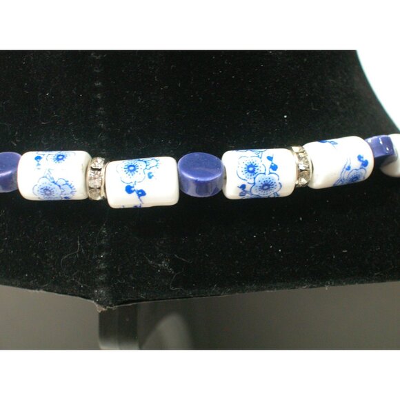 Vintage Blue & White Ceramic Beaded Delft Necklace With Rhinestone Accents - Picture 2 of 6